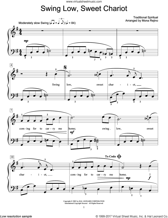 Swing Low, Sweet Chariot sheet music for piano solo (elementary), beginner piano (elementary)