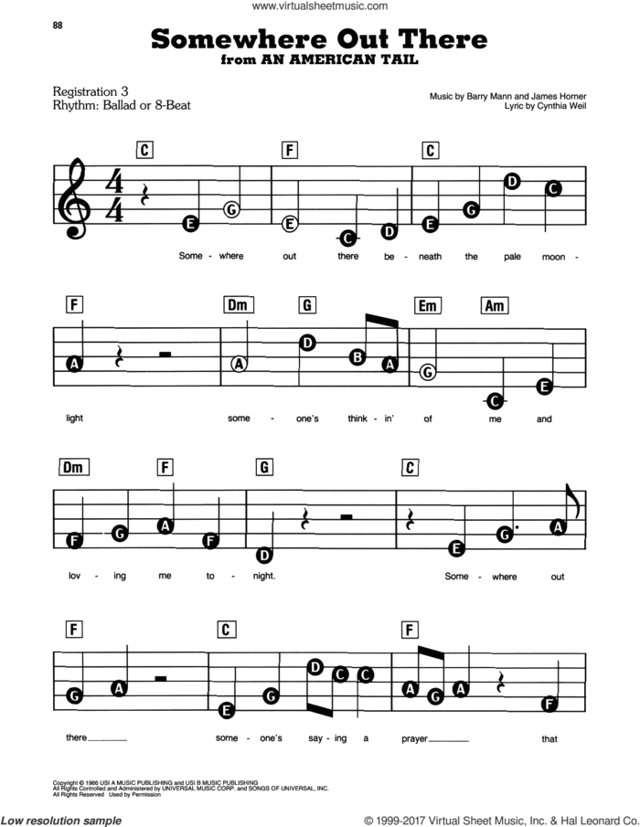 Somewhere Out There sheet music for piano or keyboard (E-Z Play) by Linda Ronstadt & James Ingram, Barry Mann, Cynthia Weil and James Horner, easy skill level