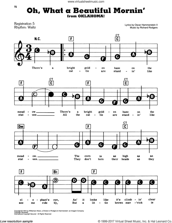 Oh, What A Beautiful Mornin' (from Oklahoma!) sheet music for piano or keyboard (E-Z Play) by Rodgers & Hammerstein, Oscar II Hammerstein and Richard Rodgers, easy skill level