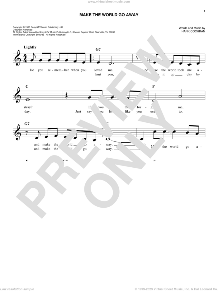 Make The World Go Away sheet music for voice and other instruments (fake book) by Hank Cochran, Eddy Arnold and Elvis Presley, easy skill level