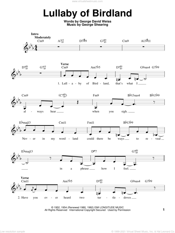 Lullaby Of Birdland sheet music for voice solo by George Shearing, George David Weiss and Judy Niemack, intermediate skill level