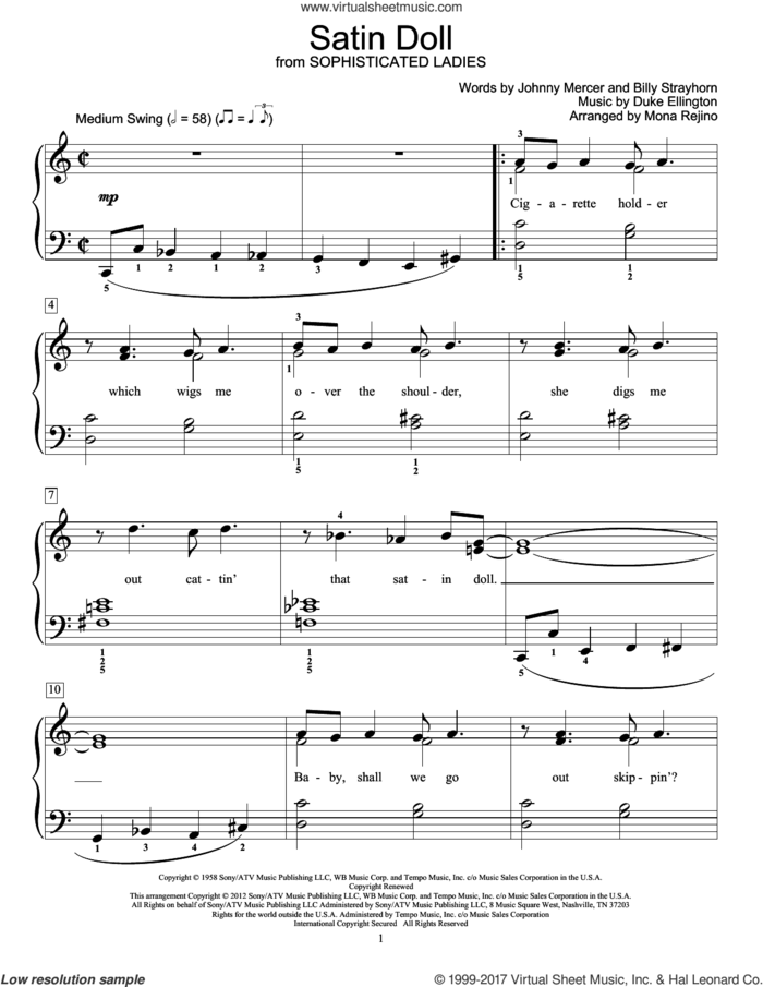 Satin Doll sheet music for piano solo (elementary) by Duke Ellington, Billy Strayhorn and Johnny Mercer, beginner piano (elementary)