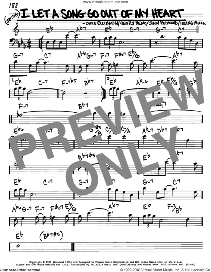 I Let A Song Go Out Of My Heart sheet music for voice and other instruments (bass clef) by Duke Ellington, Henry Nemo, Irving Mills and John Redmond, intermediate skill level
