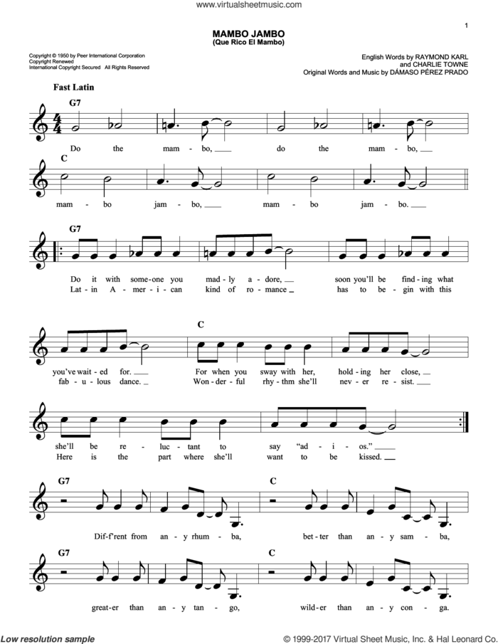 Mambo Jambo (Que Rico El Mambo) sheet music for voice and other instruments (fake book) by Damaso Perez Prado, Dave Barbour, Charlie Towne and Raymond Karl, intermediate skill level
