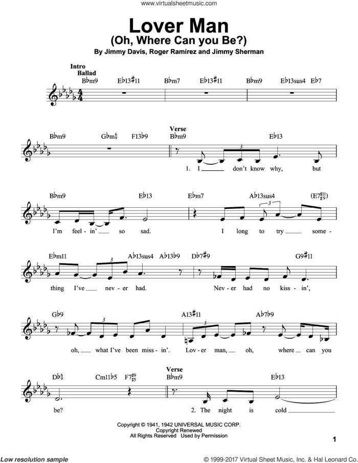 Lover Man (Oh, Where Can You Be?) sheet music for voice solo by Jimmie Davis, Billie Holiday, Judy Niemack, Jimmy Sherman and Roger Ramirez, intermediate skill level