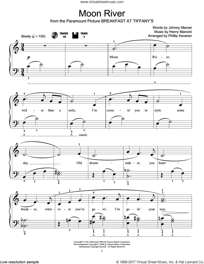 Moon River (arr. Phillip Keveren) sheet music for piano solo (elementary) by Johnny Mercer, Andy Williams, Fred Kern, Mona Rejino, Phillip Keveren and Henry Mancini, wedding score, beginner piano (elementary)