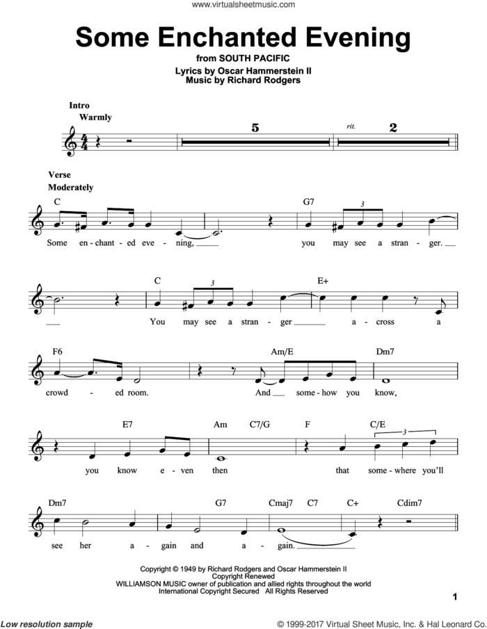 Some Enchanted Evening sheet music for voice solo by Rodgers & Hammerstein, Oscar II Hammerstein and Richard Rodgers, intermediate skill level
