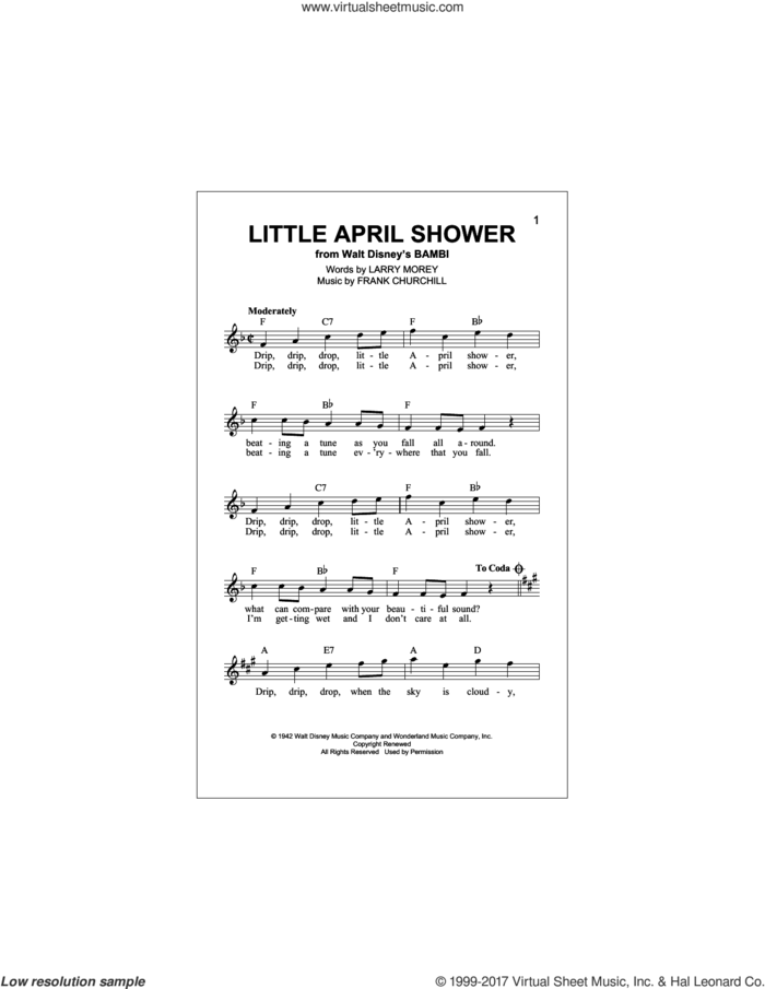 Little April Shower sheet music for voice and other instruments (fake book) by Frank Churchill and Larry Morey, intermediate skill level