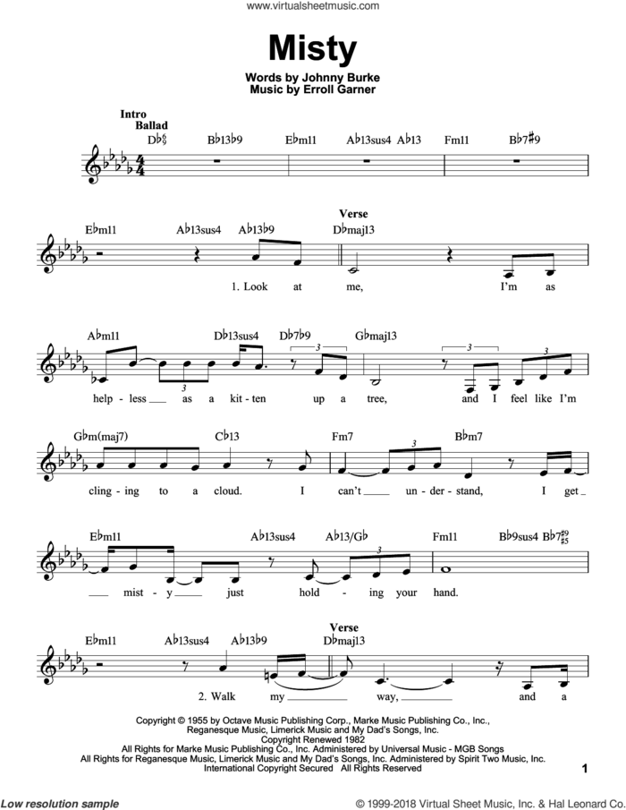 Misty sheet music for voice solo by John Burke, Johnny Mathis, Judy Niemack and Erroll Garner, intermediate skill level