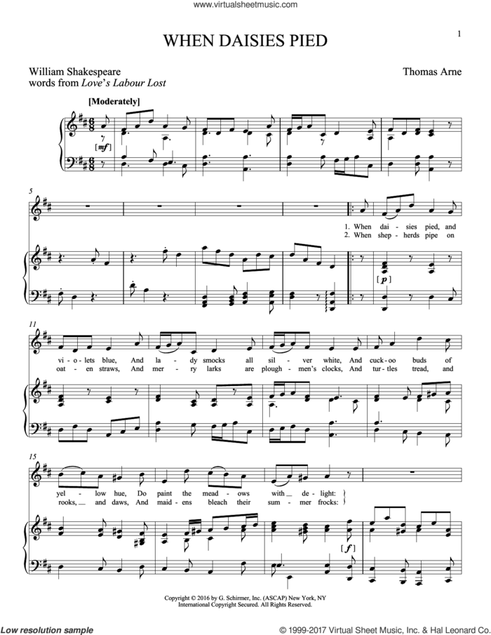 When Daisies Pied sheet music for voice and piano by Thomas Arne, Joan Frey Boytim and William Shakespeare, classical score, intermediate skill level