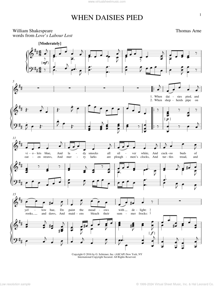 When Daisies Pied sheet music for voice and piano by Thomas Arne, Joan Frey Boytim and William Shakespeare, classical score, intermediate skill level