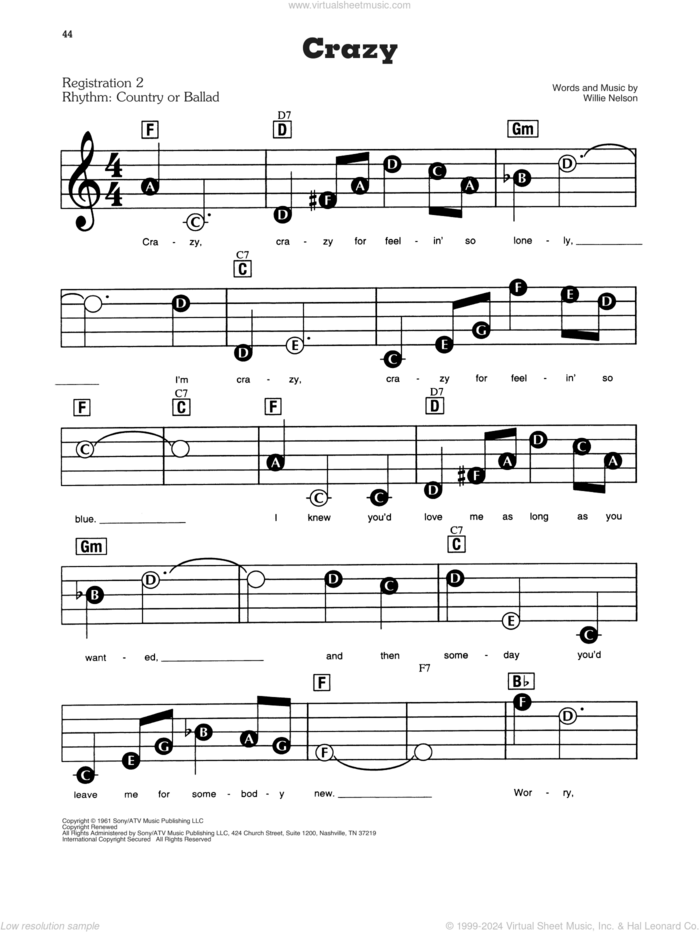 Crazy sheet music for piano or keyboard (E-Z Play) by Willie Nelson and Patsy Cline, easy skill level