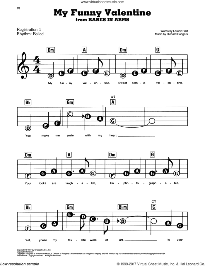 My Funny Valentine sheet music for piano or keyboard (E-Z Play) by Rodgers & Hart, Frank Sinatra, Lorenz Hart and Richard Rodgers, easy skill level