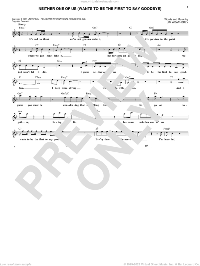 Neither One Of Us (Wants To Be The First To Say Goodbye) sheet music for voice and other instruments (fake book) by Gladys Knight & The Pips, Bob Luman and Jim Weatherly, intermediate skill level