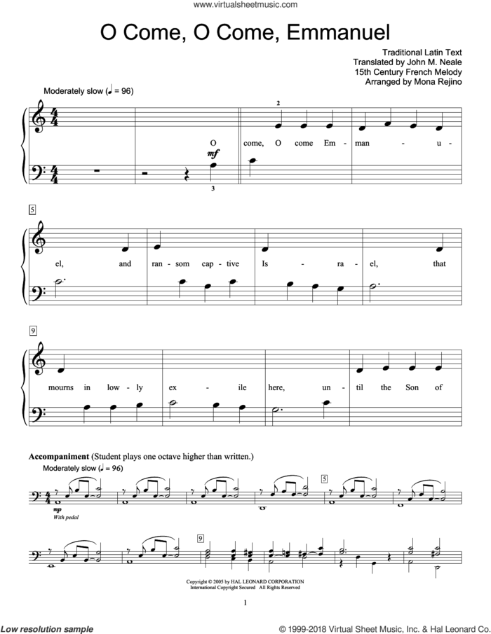 O Come, O Come, Emmanuel sheet music for piano solo (elementary) by John M. Neale (v. 1,2), Fred Kern, Mona Rejino, 15th Century French Melody, Henry S. Coffin (v. 3,4) and Thomas Helmore, beginner piano (elementary)
