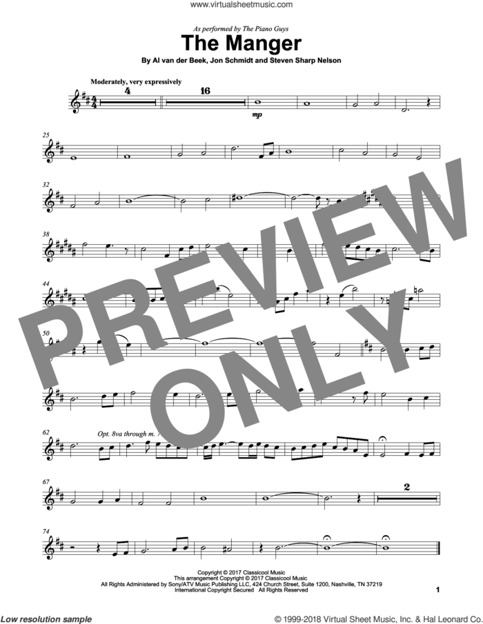 The Manger sheet music for violin solo by The Piano Guys, Al van der Beek, Jon Schmidt and Steven Sharp Nelson, intermediate skill level