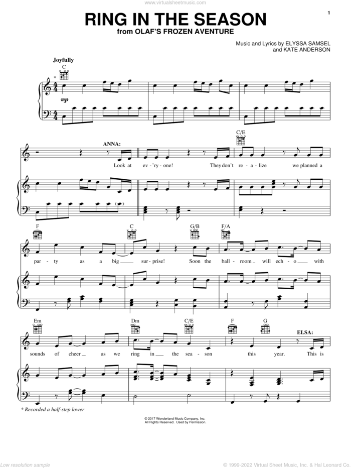 Ring In The Season sheet music for voice, piano or guitar by Elyssa Samsel and Kate Anderson, intermediate skill level