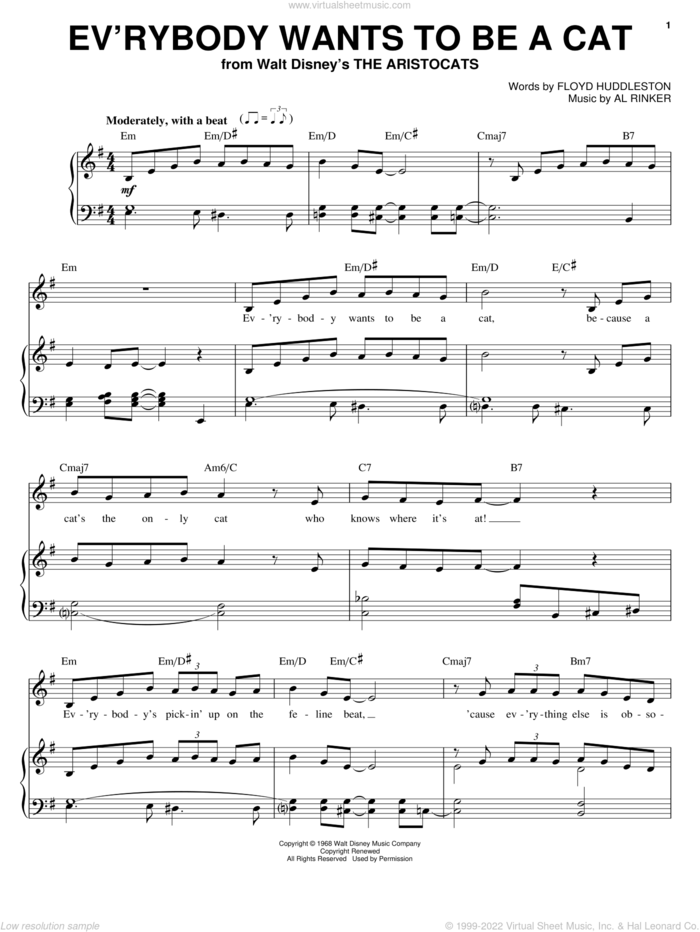 Ev'rybody Wants To Be A Cat sheet music for voice, piano or guitar by Al Rinker and Floyd Huddleston, intermediate skill level