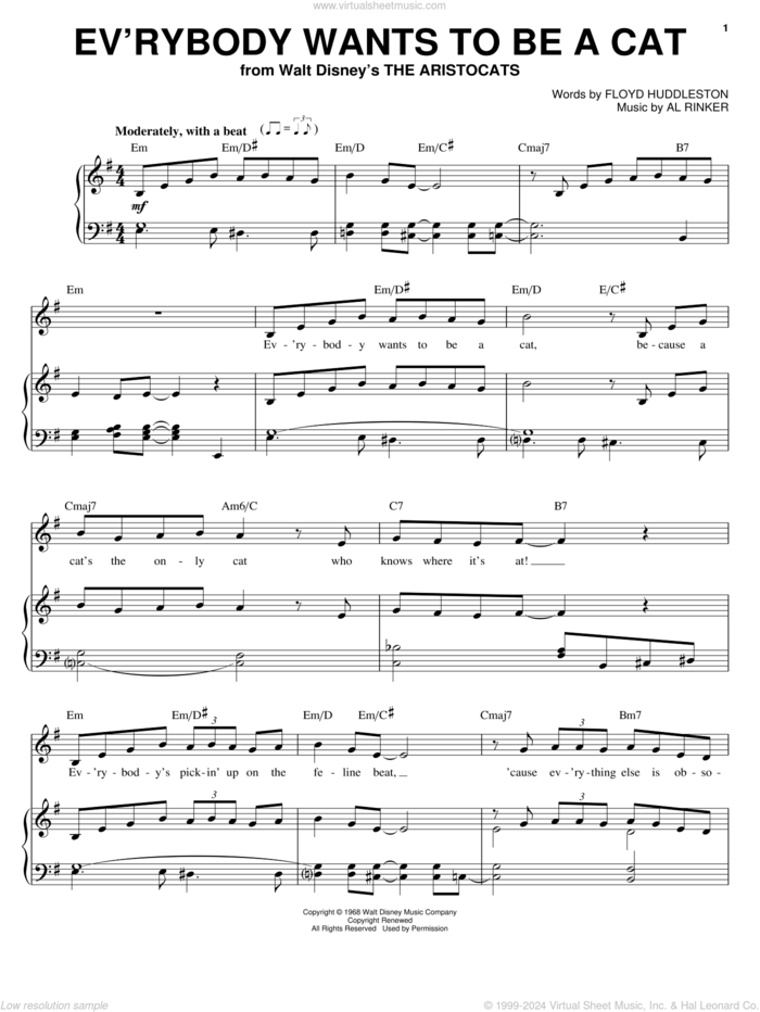 Ev'rybody Wants To Be A Cat sheet music for voice, piano or guitar by Al Rinker and Floyd Huddleston, intermediate skill level