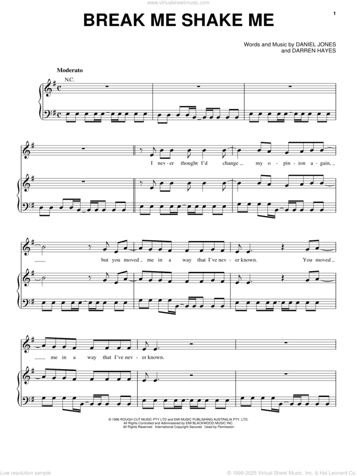 Break Me Shake Me sheet music for voice, piano or guitar by Savage Garden, Danny Jones and Darren Hayes, intermediate skill level