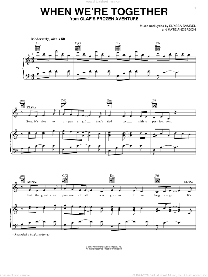 When We're Together sheet music for voice, piano or guitar by Elyssa Samsel and Kate Anderson, intermediate skill level