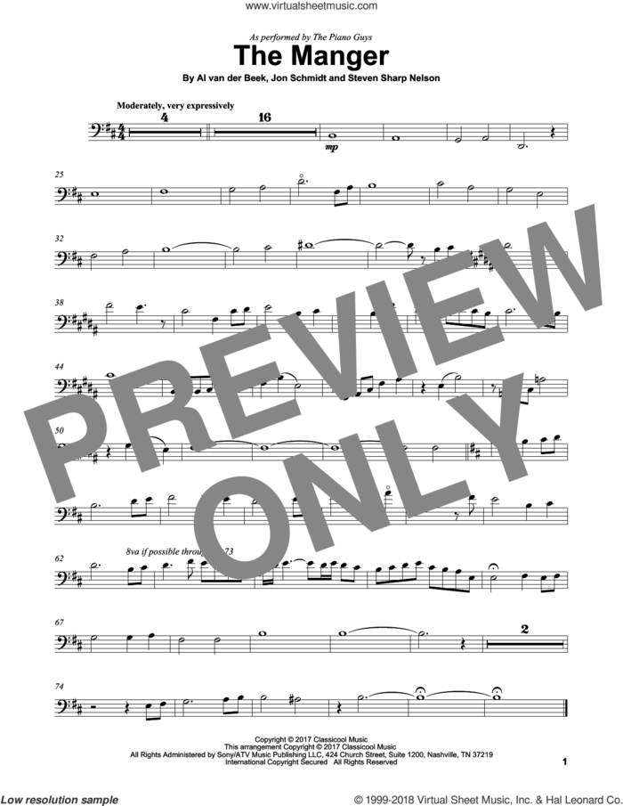 The Manger sheet music for cello solo by The Piano Guys, Al van der Beek, Jon Schmidt and Steven Sharp Nelson, intermediate skill level
