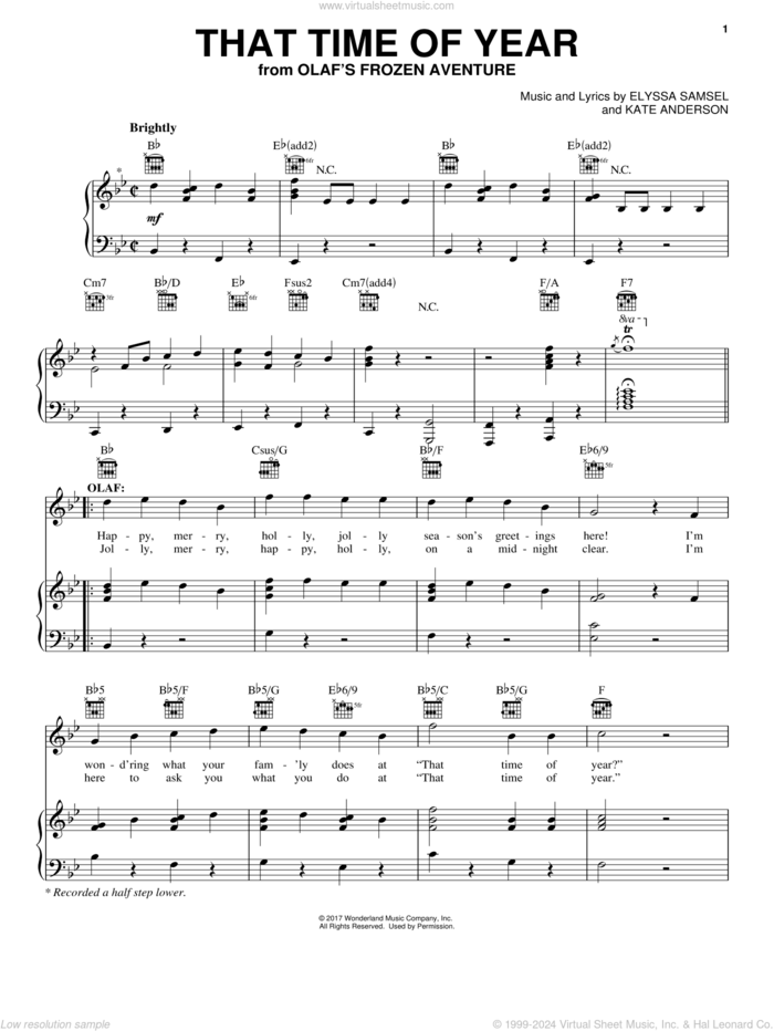 That Time Of Year sheet music for voice, piano or guitar by Elyssa Samsel and Kate Anderson, intermediate skill level