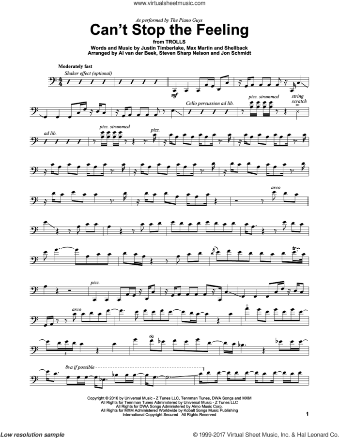 Can't Stop The Feeling sheet music for cello solo by The Piano Guys, Johan Schuster, Justin Timberlake, Max Martin and Shellback, intermediate skill level
