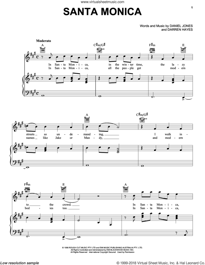 Santa Monica sheet music for voice, piano or guitar by Savage Garden, Danny Jones and Darren Hayes, intermediate skill level
