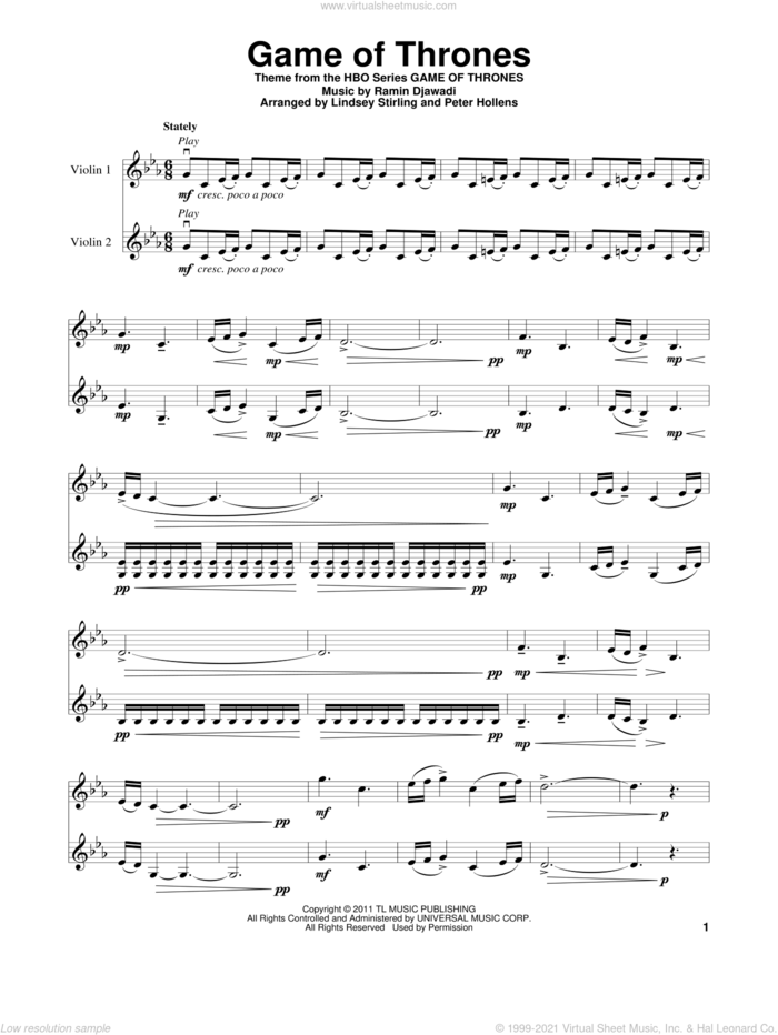 Game Of Thrones - Main Title sheet music for two violins (duets, violin duets) by Lindsey Stirling, Game Of Thrones (TV Series) and Ramin Djawadi, classical score, intermediate skill level