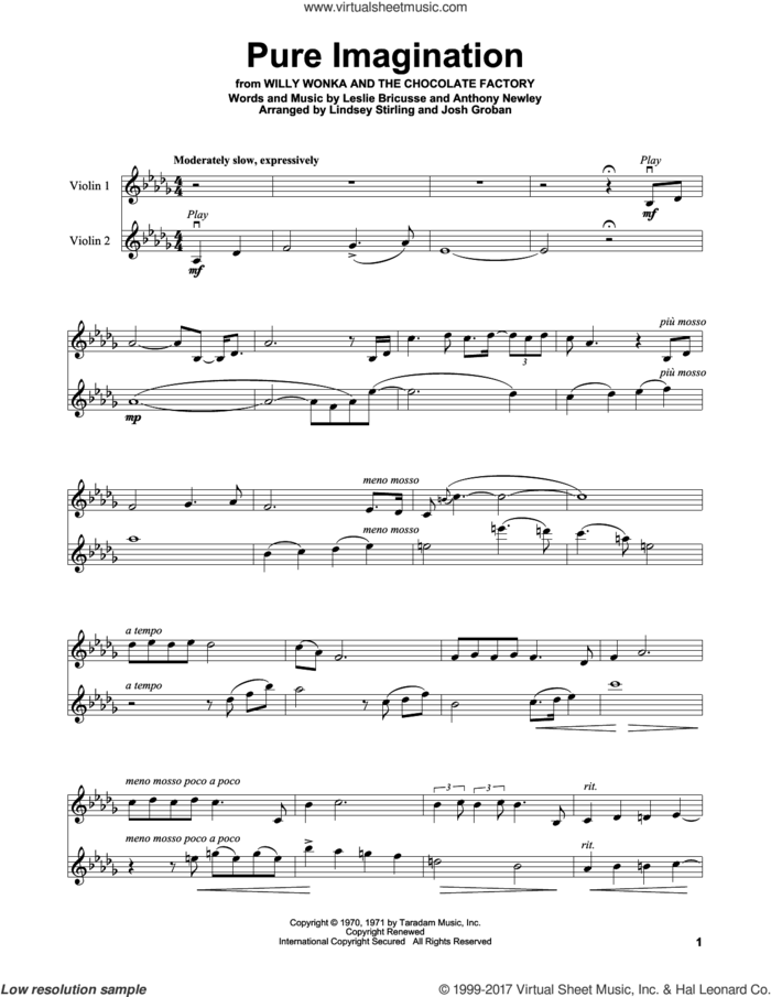Pure Imagination sheet music for violin solo by Lindsey Stirling, Anthony Newley and Leslie Bricusse, intermediate skill level