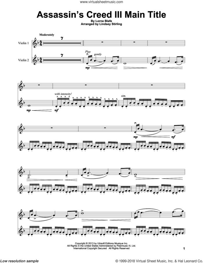Assassin's Creed III Main Title sheet music for violin solo by Lindsey Stirling and Lorne Balfe, classical score, intermediate skill level