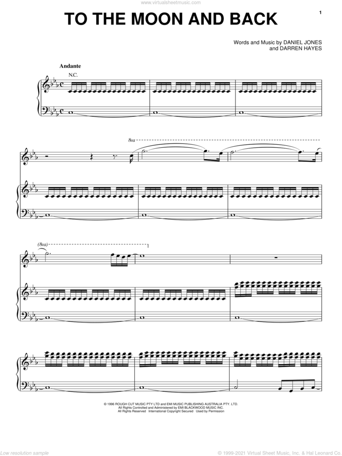 To The Moon and Back sheet music for voice, piano or guitar by Savage Garden, Danny Jones and Darren Hayes, intermediate skill level