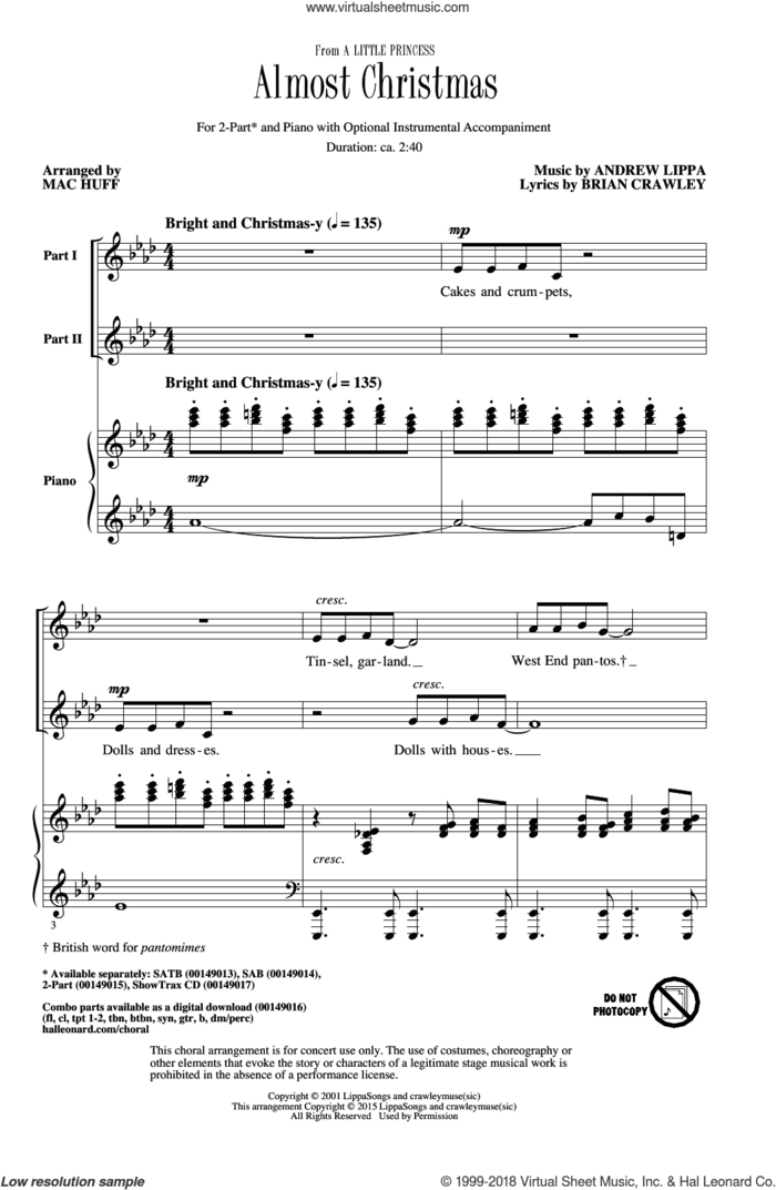 Almost Christmas sheet music for choir (2-Part) by Andrew Lippa, Mac Huff and Brian Crawley, intermediate duet