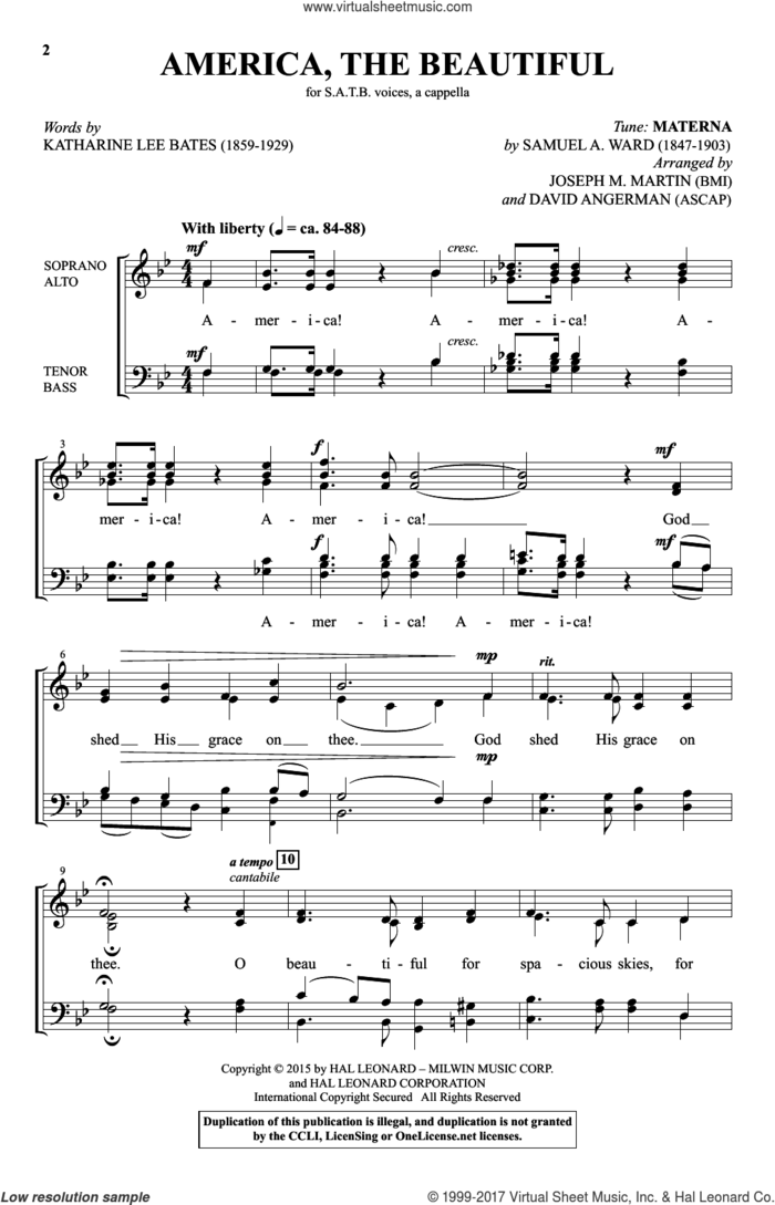 America, The Beautiful sheet music for choir (SATB: soprano, alto, tenor, bass) by Samuel Augustus Ward, David Angerman, Joseph M. Martin and Katherine Lee Bates, intermediate skill level