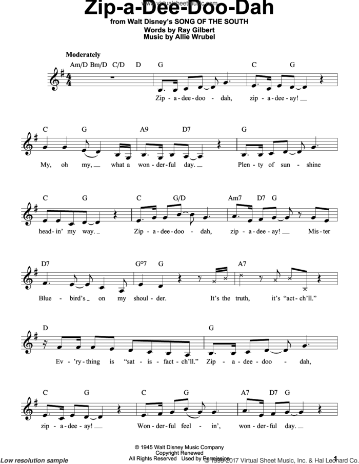 Zip-A-Dee-Doo-Dah (from Song Of The South) sheet music for voice solo by Ray Gilbert and Allie Wrubel, intermediate skill level