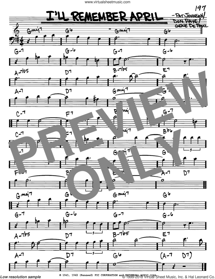 I'll Remember April sheet music for voice and other instruments (bass clef) by Woody Herman, Don Raye, Gene DePaul and Pat Johnson, intermediate skill level