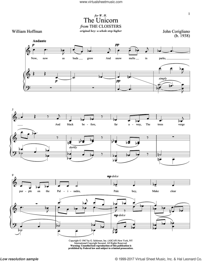 The Unicorn sheet music for voice and piano (Low Voice) by John Corigliano and William Hoffman, classical score, intermediate skill level