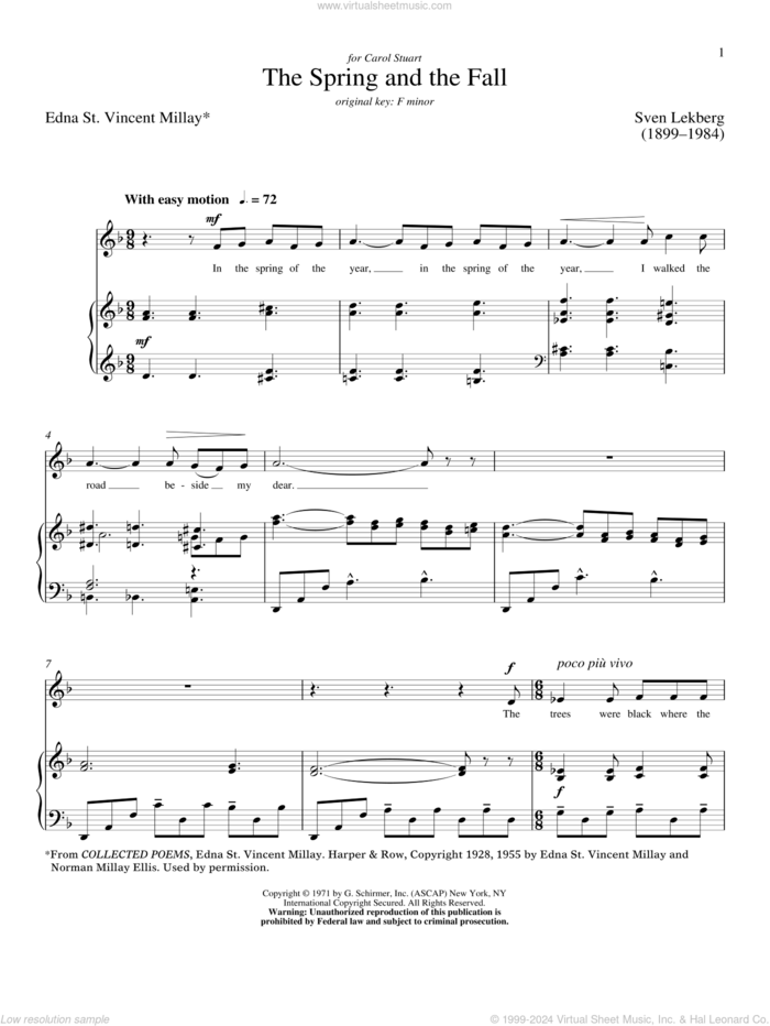 The Spring And The Fall sheet music for voice and piano (Low Voice) by Sven Lekberg and Edna St. Vincent Millay, classical score, intermediate skill level
