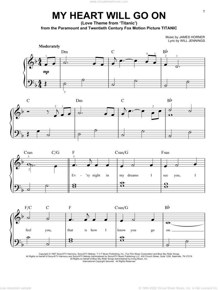 My Heart Will Go On (Love Theme From 'Titanic') sheet music for piano solo by Celine Dion, James Horner and Will Jennings, wedding score, beginner skill level