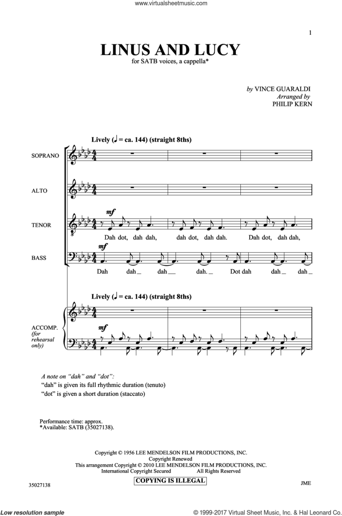 Linus And Lucy sheet music for choir (SATB: soprano, alto, tenor, bass) by Vince Guaraldi and Philip Kern, intermediate skill level