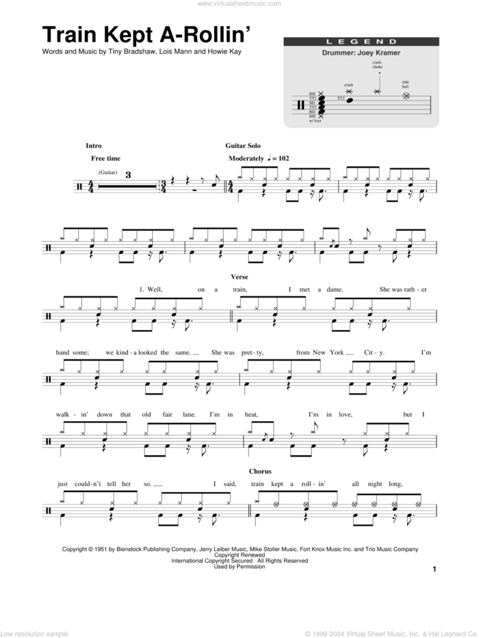 Train Kept A-Rollin' sheet music for drums by Aerosmith, Johnny Burnett, Miscellaneous, Yardbirds, Howie Kay, Lois Mann and Tiny Bradshaw, intermediate skill level