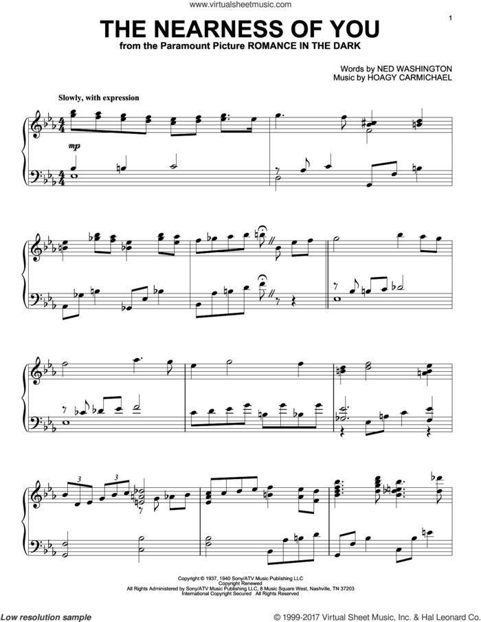 The Nearness Of You sheet music for piano solo by Hoagy Carmichael, George Shearing and Ned Washington, intermediate skill level