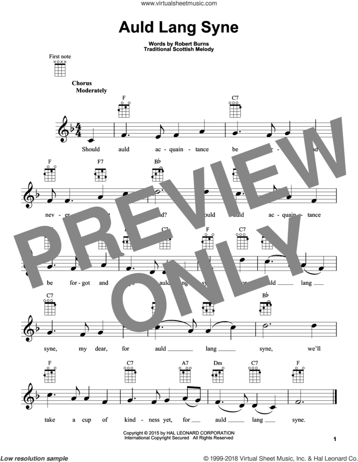 Auld Lang Syne sheet music for ukulele by Traditional Scottish Melody and Robert Burns, intermediate skill level