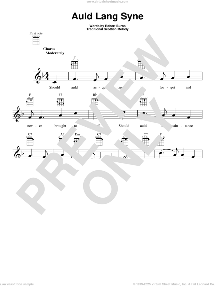 Auld Lang Syne sheet music for ukulele by Traditional Scottish Melody and Robert Burns, intermediate skill level