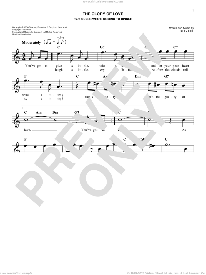 The Glory Of Love sheet music for voice and other instruments (fake book) by Billy Hill, Count Basie, Jimmy Durante, Peggy Lee and The Platters, easy skill level