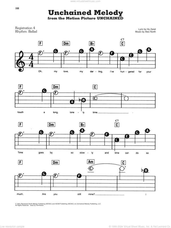 Unchained Melody sheet music for piano or keyboard (E-Z Play) by The Righteous Brothers, Alex North and Hy Zaret, wedding score, easy skill level