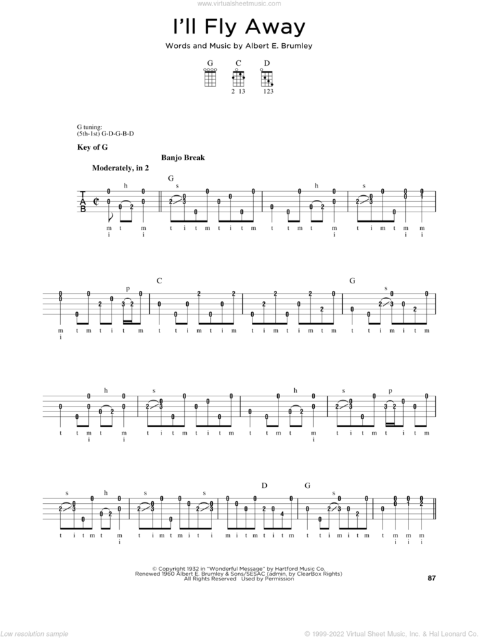 I'll Fly Away sheet music for banjo solo by Albert E. Brumley, Greg Cahill and Michael J. Miles, intermediate skill level