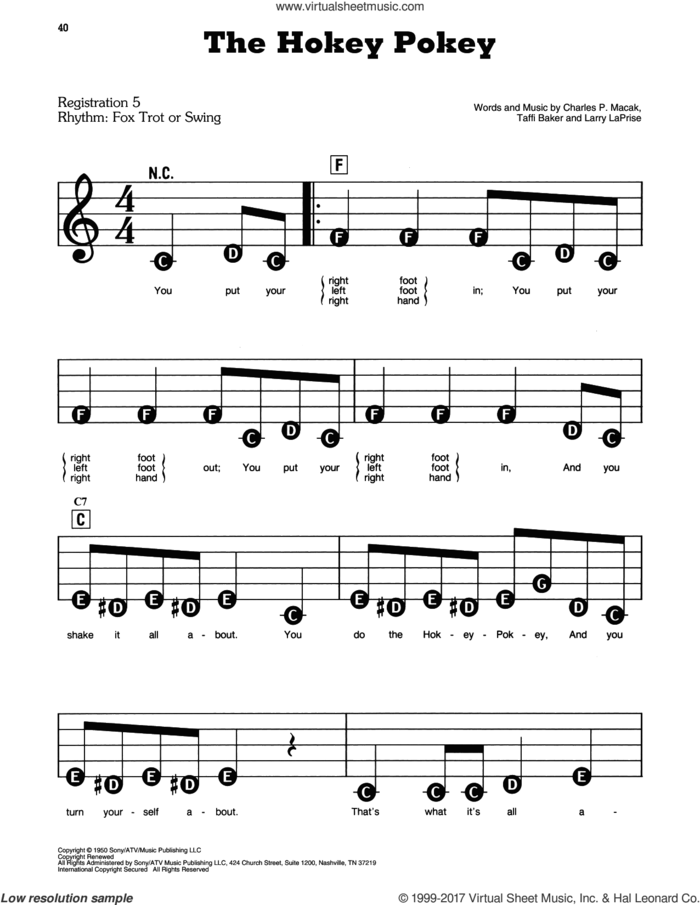 The Hokey Pokey sheet music for piano or keyboard (E-Z Play) by Larry LaPrise, Charles P. Macak and Tafft Baker, easy skill level