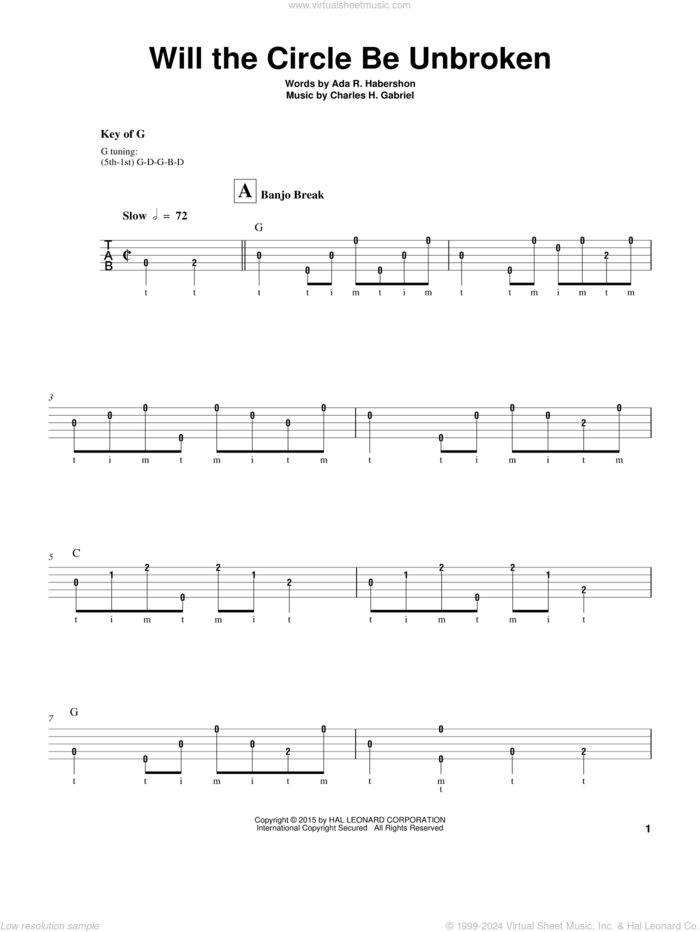 Will The Circle Be Unbroken sheet music for banjo solo by Charles H. Gabriel and Ada R. Habershon, intermediate skill level